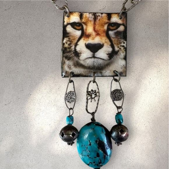Jewelry - Custom cheetah necklace antique sterling silver decorative beads Turqoise cats